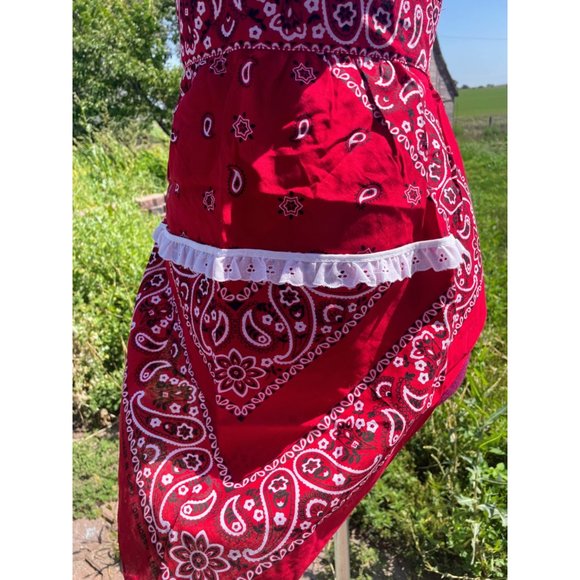 Vintage Red Bandanna Half Apron Western Farmhouse - Picture 4 of 12